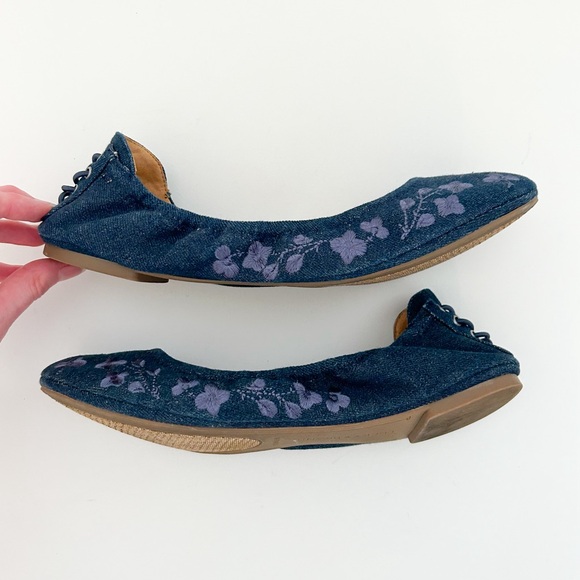 Lucky Brand Echo 2 Blue Denim Floral Print Embroidered Lace Up Back Ballet Flats - Picture 6 of 8